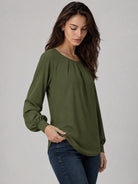 YUCOLEN Women's Lantern Sleeve Pleated Blouse Soft Cotton Rayon Dressy Casual Top in Army Green