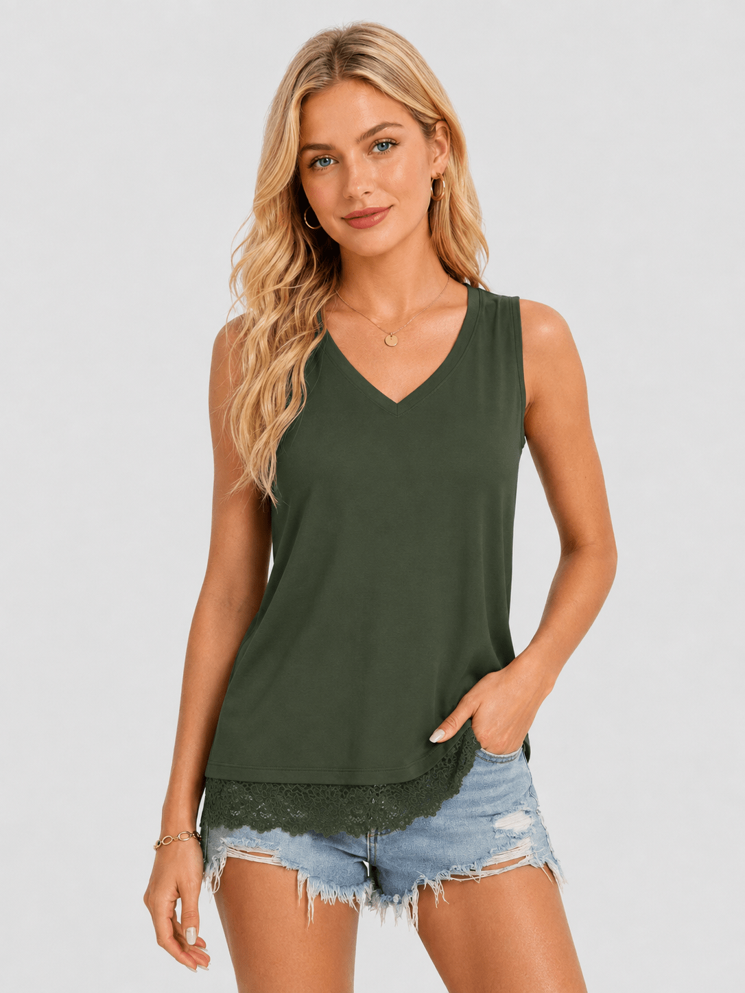 YUCOLEN Women's Lightweight Sleeveless Tank Top - Stretch Workout Shirt in Army Green