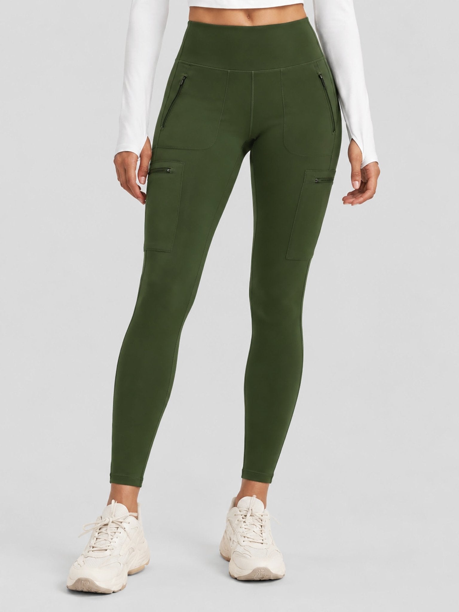 YUCOLEN Women's Outdoor Stretch Leggings with High Waist and Pockets in Army Green