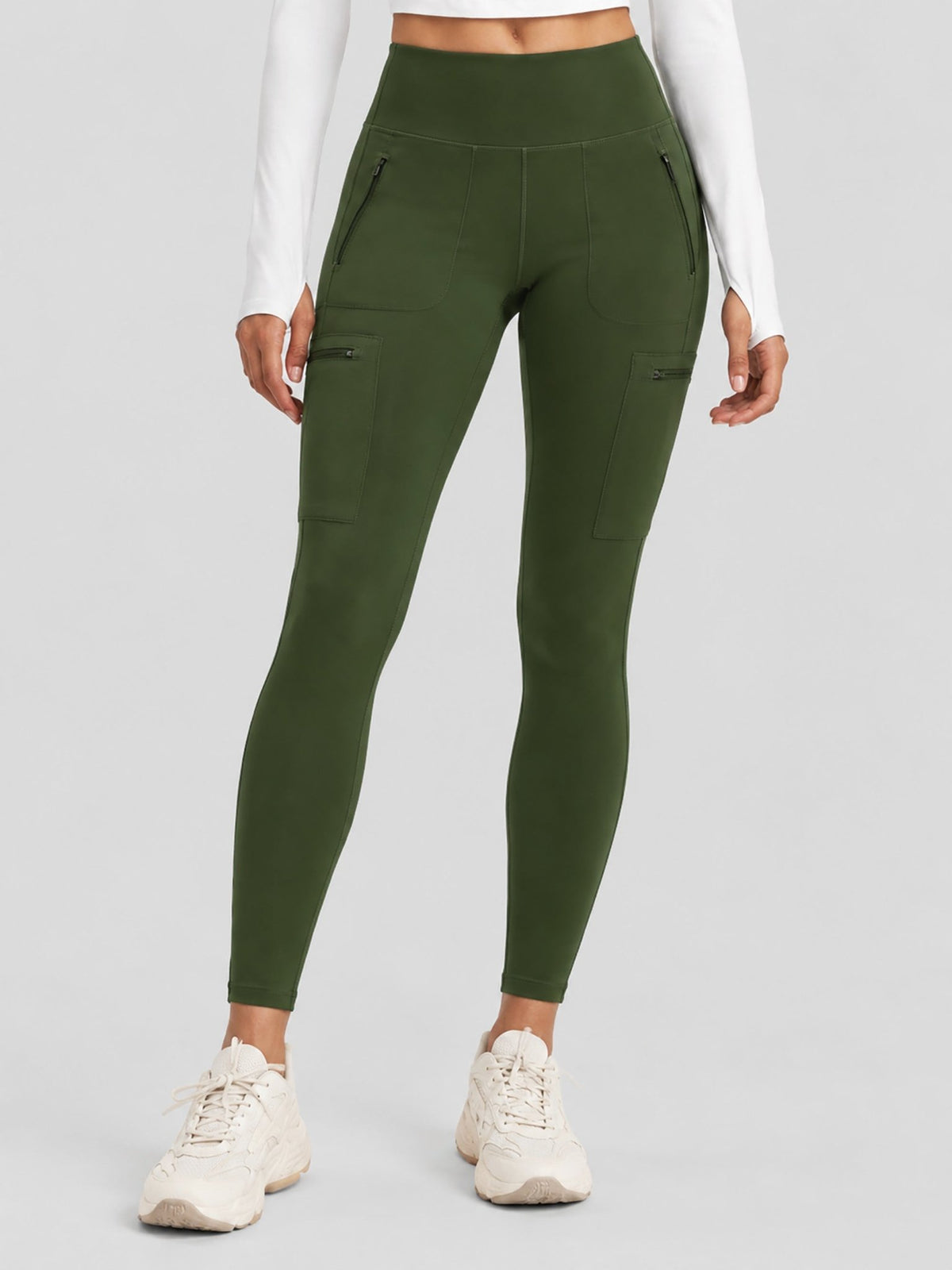YUCOLEN Women's Outdoor Stretch Leggings with High Waist and Pockets in Army Green
