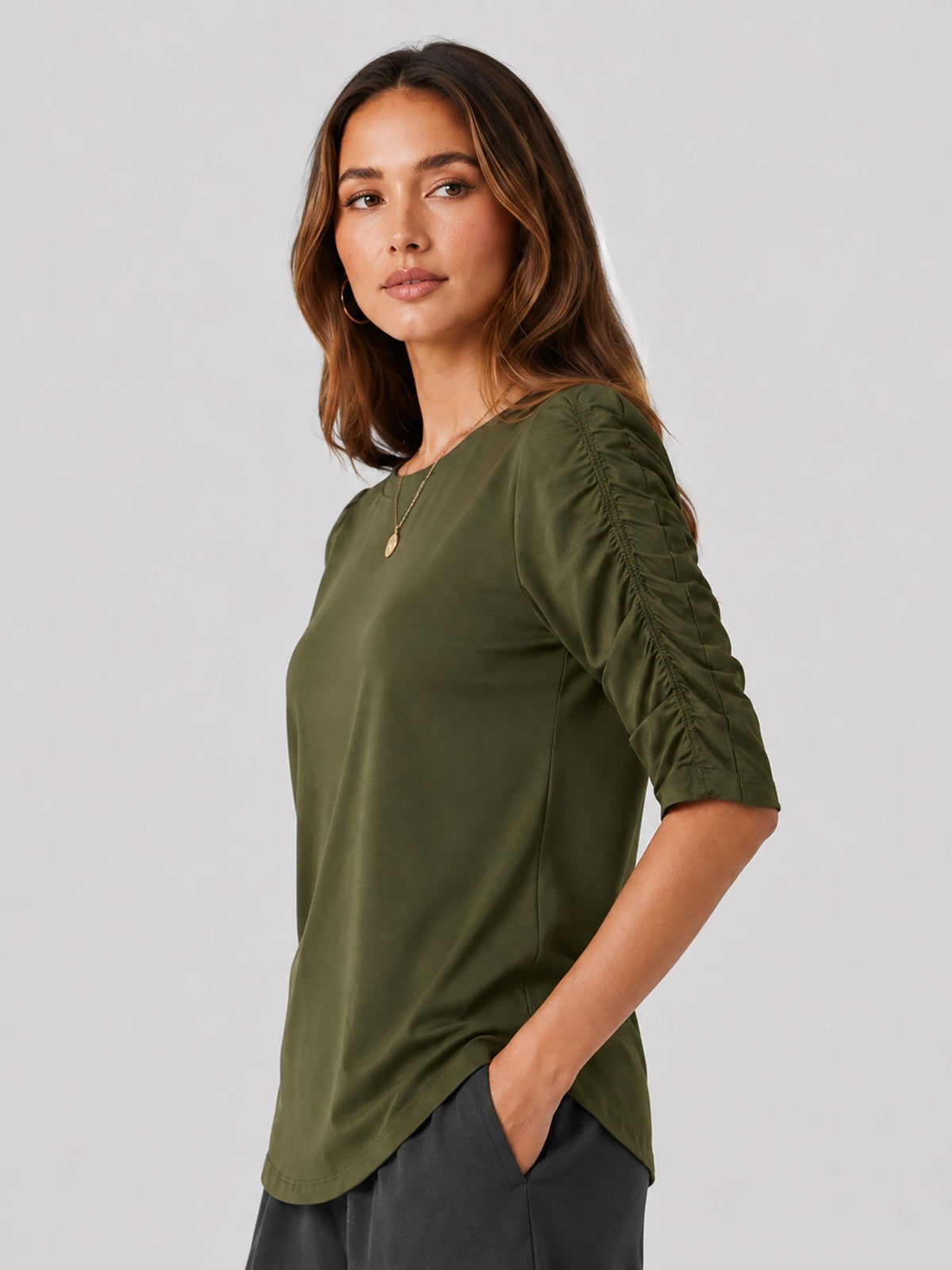 YUCOLEN Women's Puff Half Sleeve Tri-blend Top Casual Blouse in Army Green