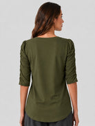YUCOLEN Women's Puff Half Sleeve Tri-blend Top Casual Blouse in Army Green