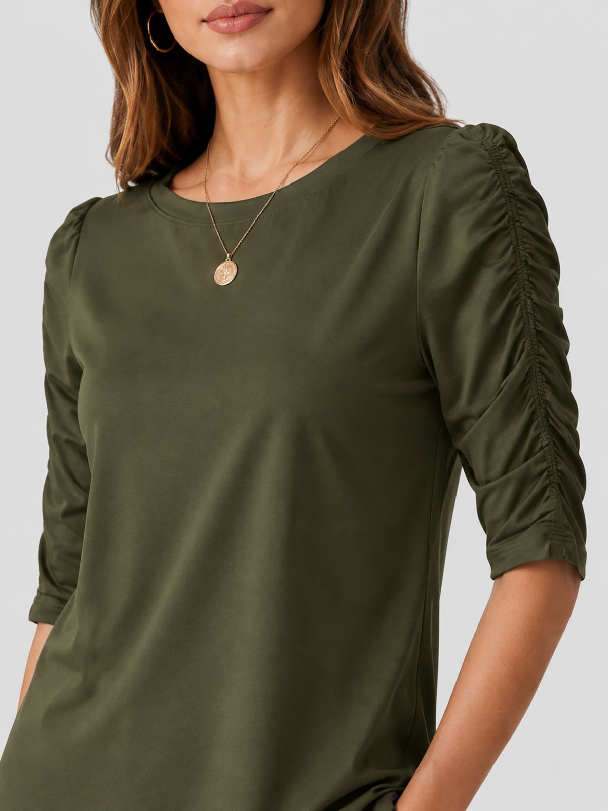 YUCOLEN Women's Puff Half Sleeve Tri-blend Top Casual Blouse in Army Green