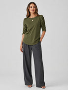YUCOLEN Women's Puff Half Sleeve Tri-blend Top Casual Blouse in Army Green