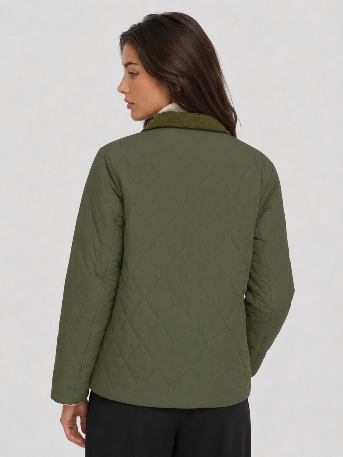 YUCOLEN Women's Quilted Jacket Retro Corduroy Collar Lightweight Padded Coat in Army Green