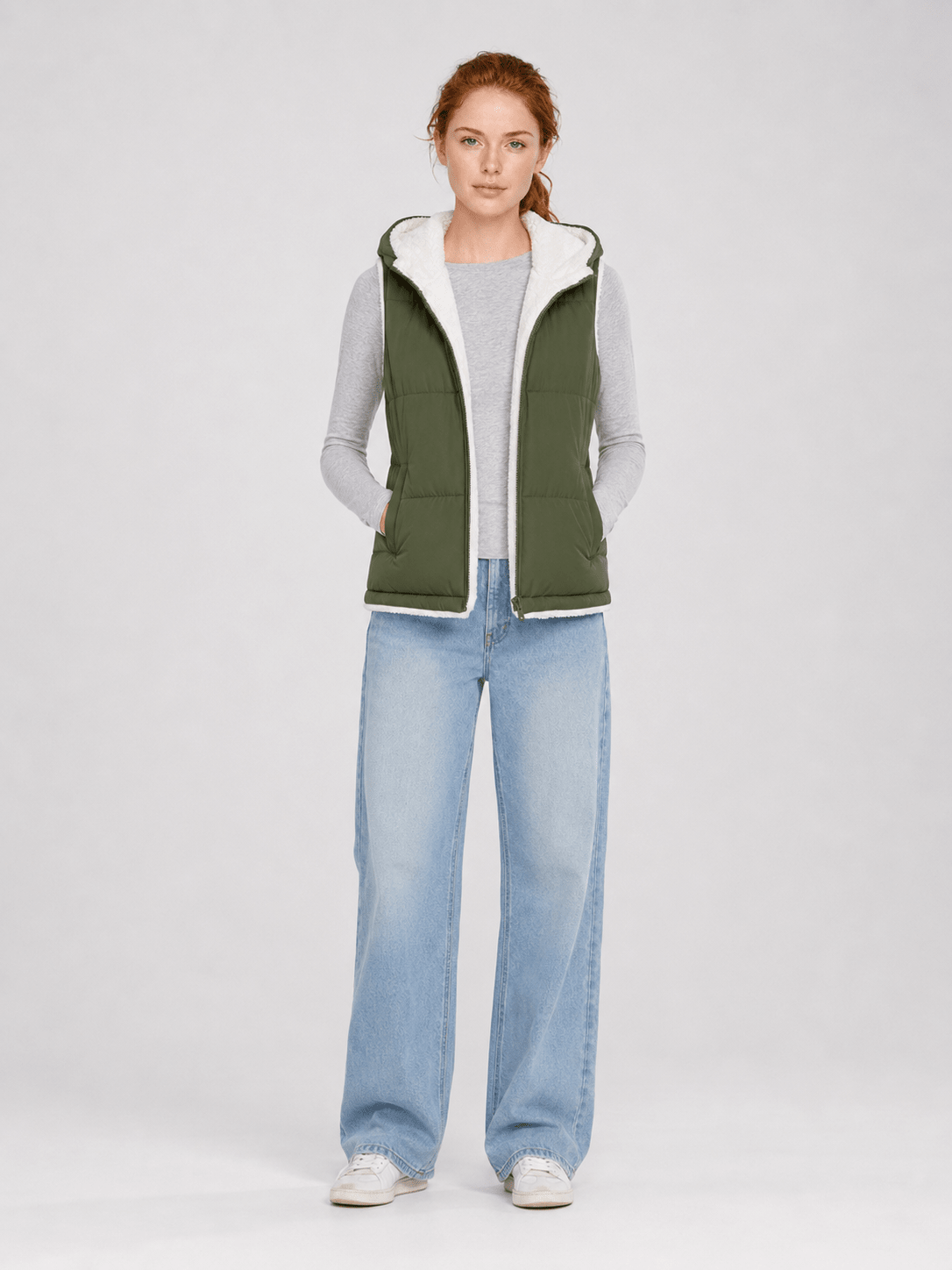 YUCOLEN Women's Reversible Puffer Fleece Lined Hooded Vest in Army Green
