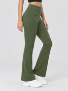 YUCOLEN Women's Thermal Water Resistant Fleece Lined Flare Leggings with 3 Pockets in Army Green