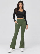YUCOLEN Women's Thermal Water Resistant Fleece Lined Flare Leggings with 3 Pockets in Army Green