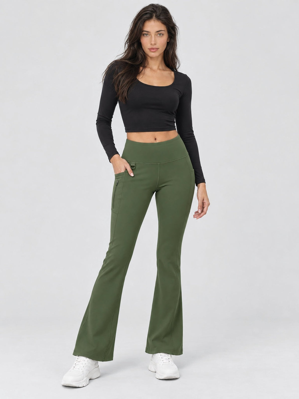 YUCOLEN Women's Thermal Water Resistant Fleece Lined Flare Leggings with 3 Pockets in Army Green
