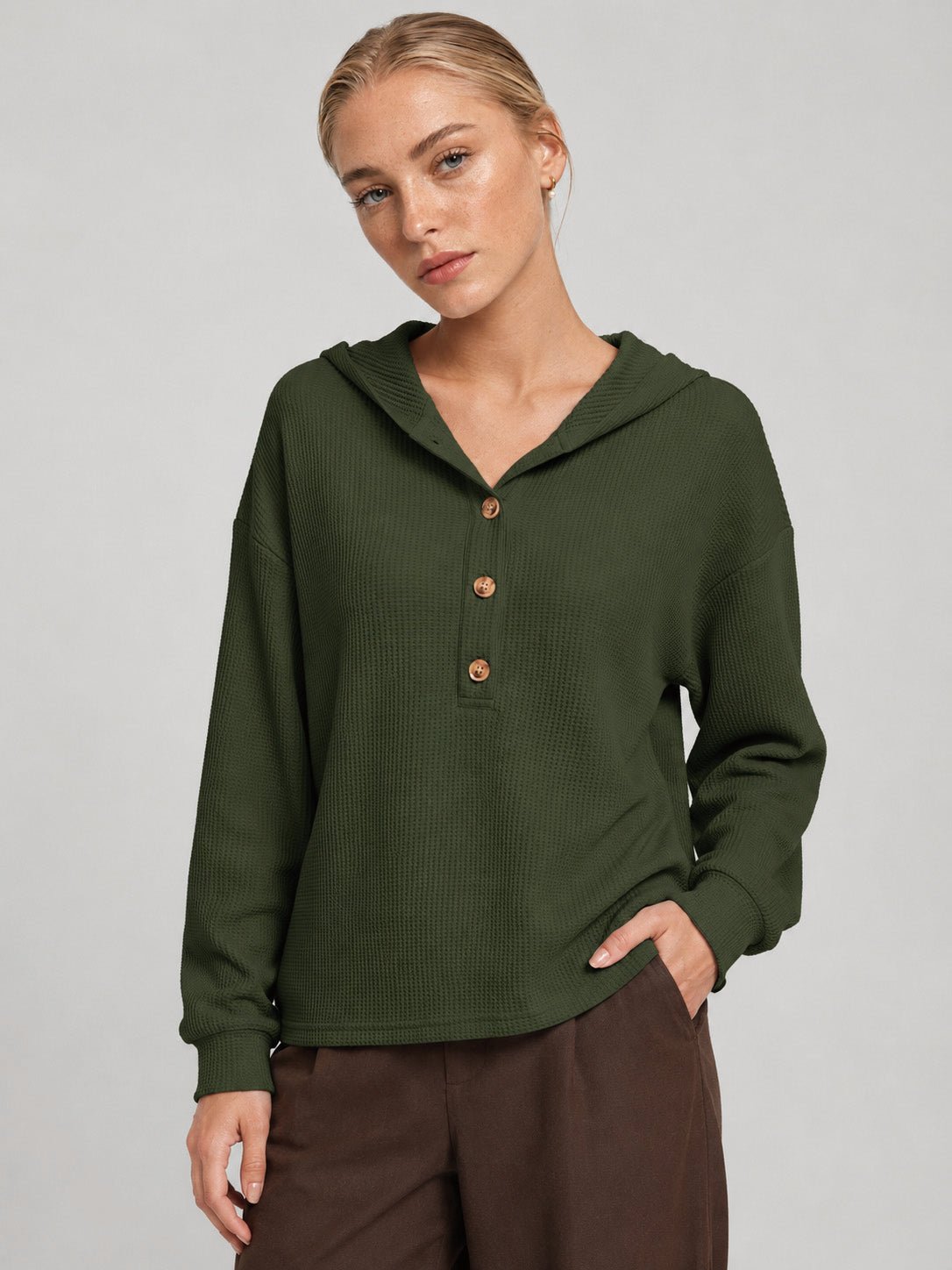 YUCOLEN Women's Waffle Knit Oversized Hoodie 4-Button Henley Pullover in Army Green