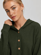 YUCOLEN Women's Waffle Knit Oversized Hoodie 4-Button Henley Pullover in Army Green
