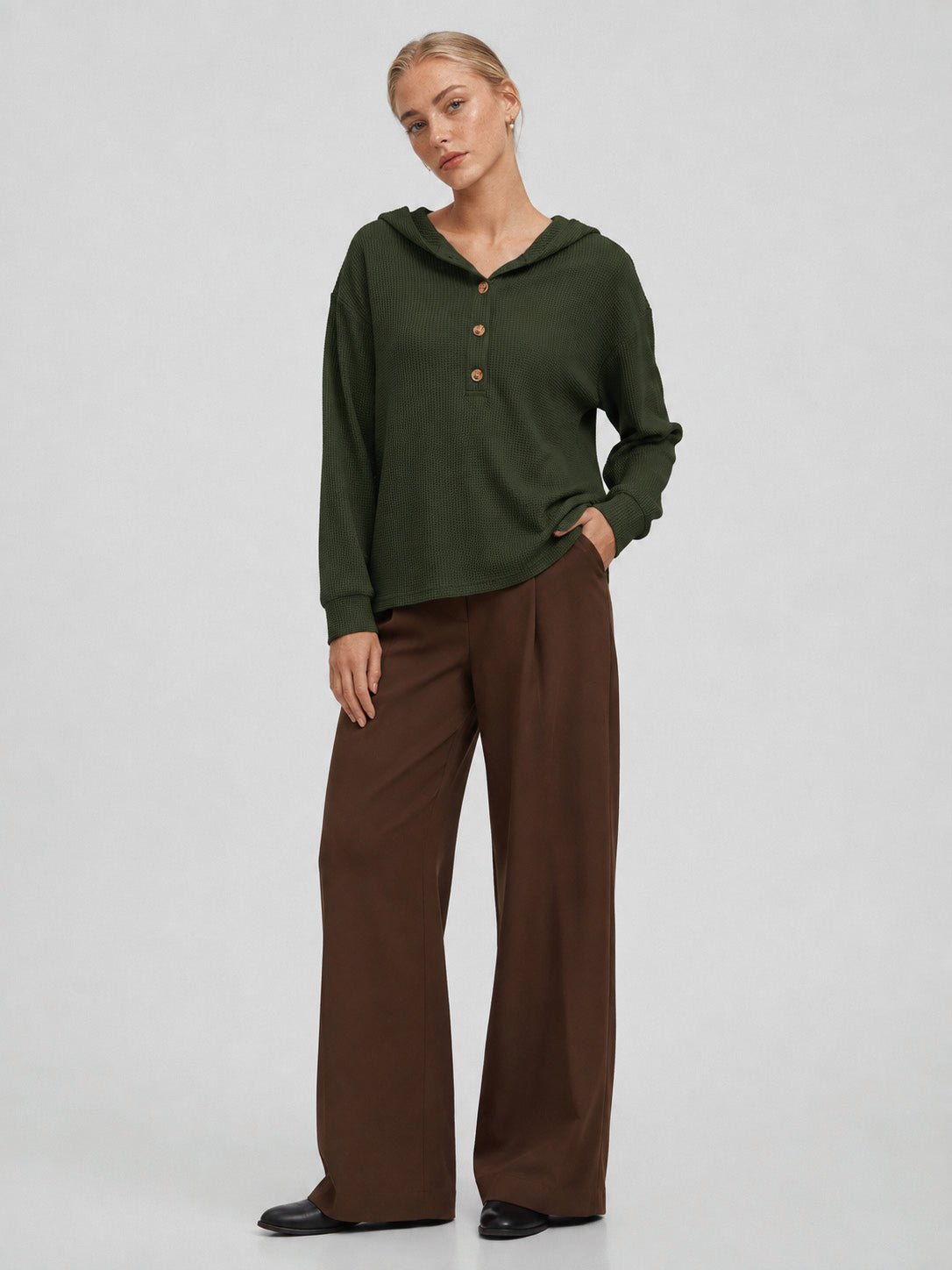 YUCOLEN Women's Waffle Knit Oversized Hoodie 4-Button Henley Pullover in Army Green