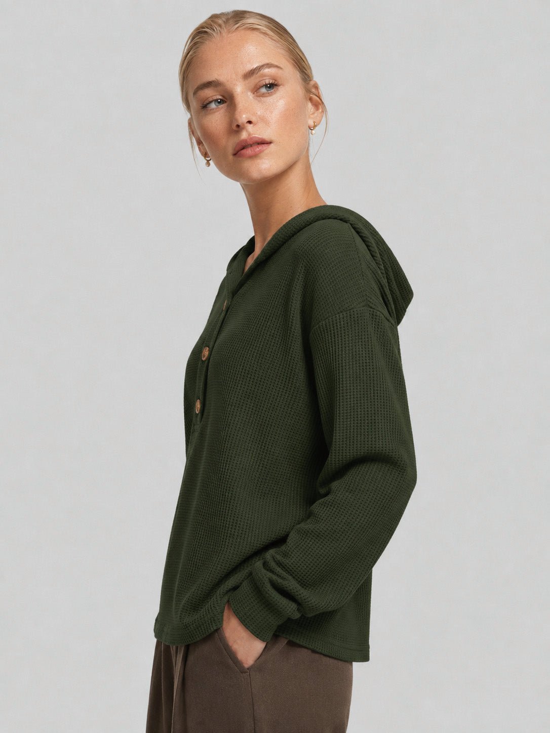 YUCOLEN Women's Waffle Knit Oversized Hoodie 4-Button Henley Pullover in Army Green