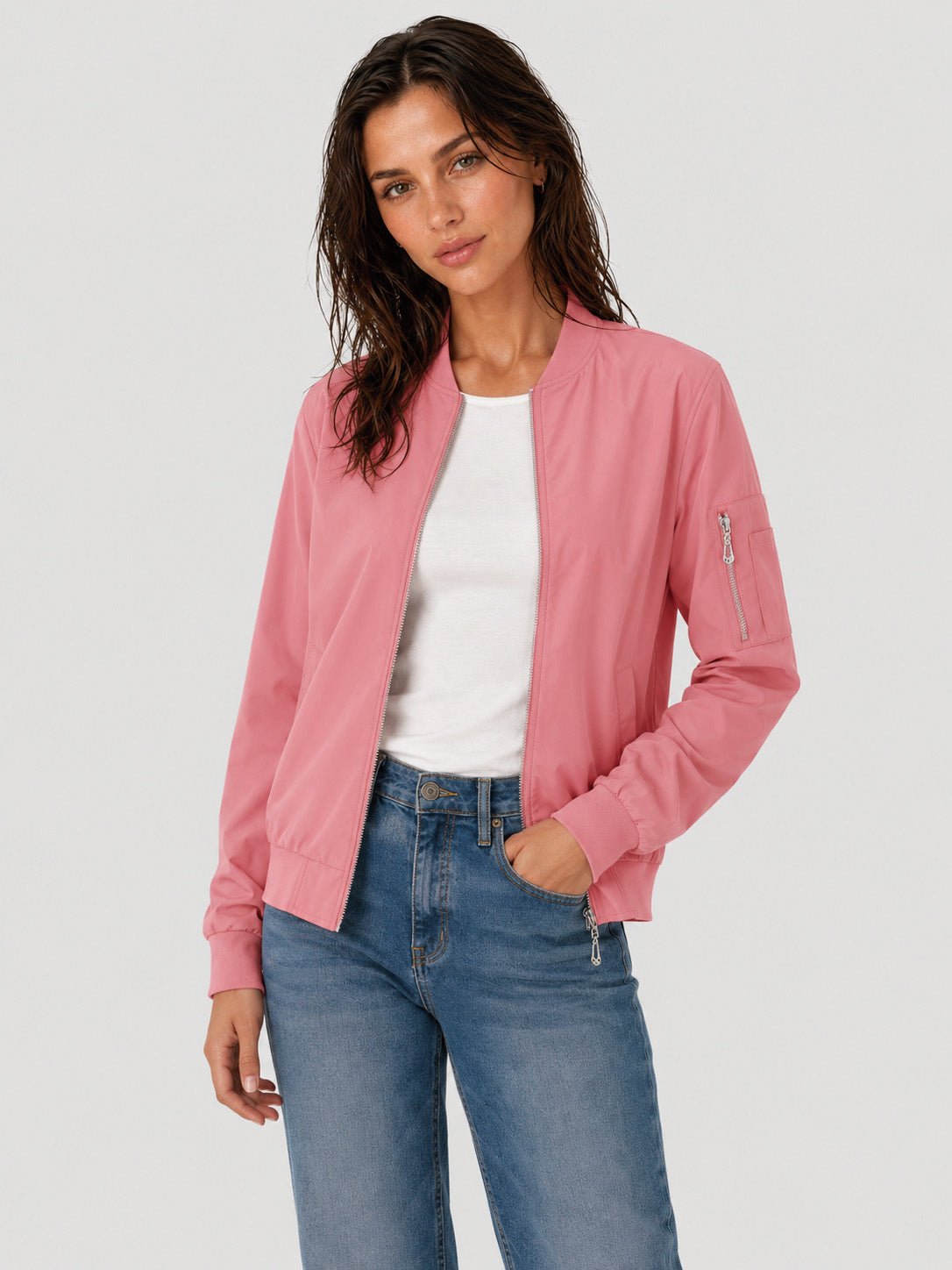 YUCOLEN Women's Lightweight Water Resistant Bomber Jacket 5-Pocket Utility Windbreaker in Ash Pink