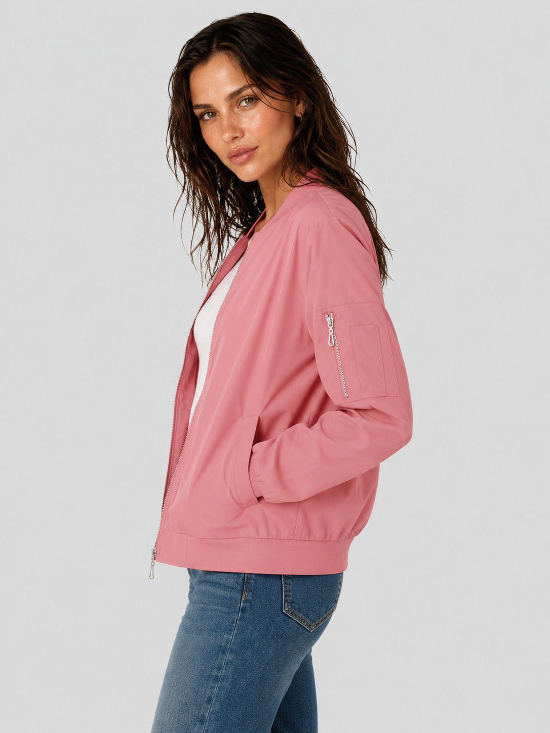 YUCOLEN Women's Lightweight Water Resistant Bomber Jacket 5-Pocket Utility Windbreaker in Ash Pink