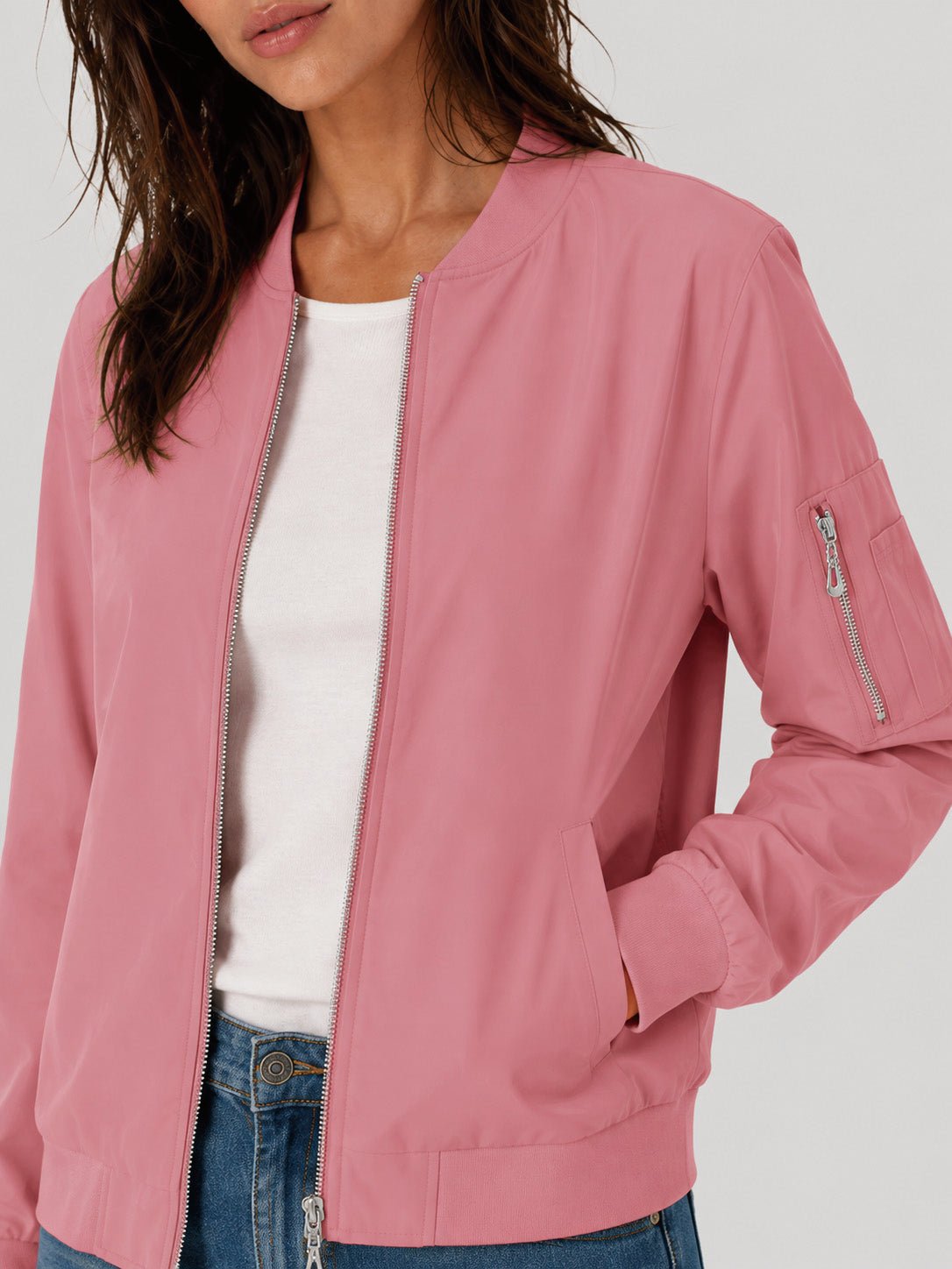 YUCOLEN Women's Lightweight Water Resistant Bomber Jacket 5-Pocket Utility Windbreaker in Ash Pink