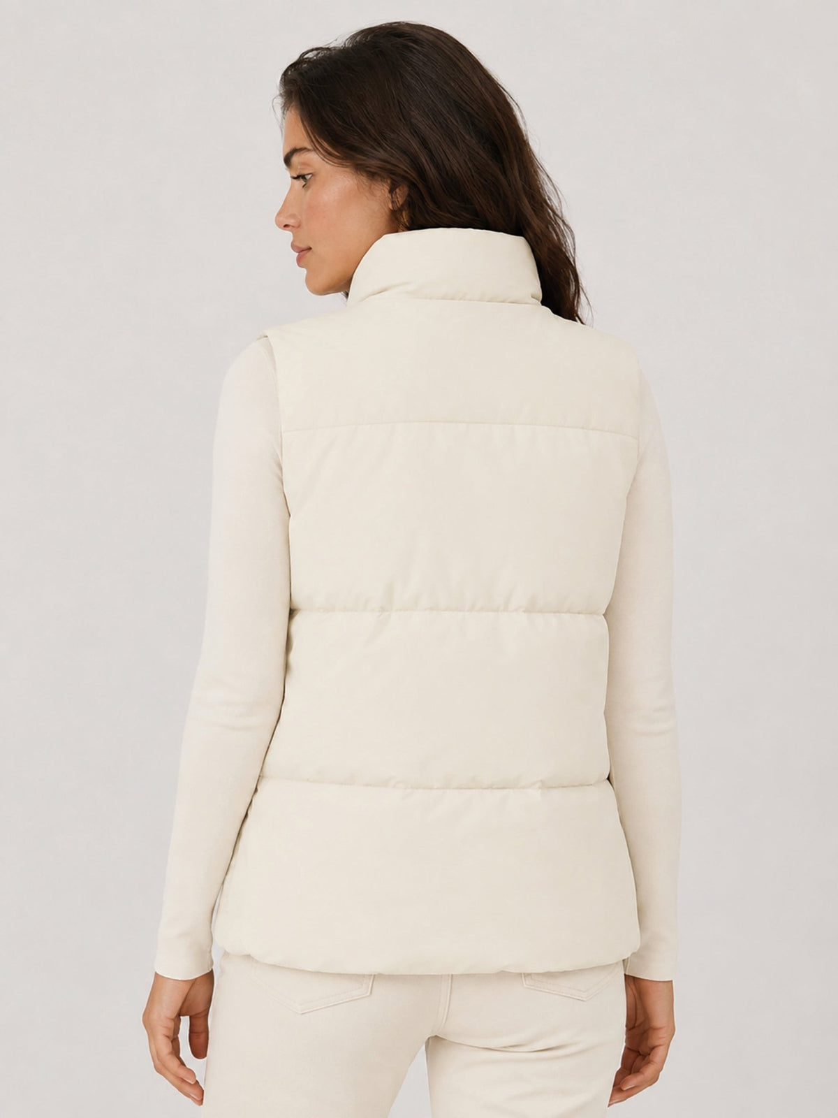 YUCOLEN Women's Lightweight Duck Down Puffer Vest Stand Collar Sleeveless Jacket in Beige White