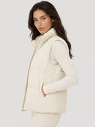 YUCOLEN Women's Lightweight Duck Down Puffer Vest Stand Collar Sleeveless Jacket in Beige White