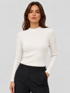 YUCOLEN Women's Mock Neck Ribbed Slim Fit Sweater Soft Wool Blend Pullover in Beige white