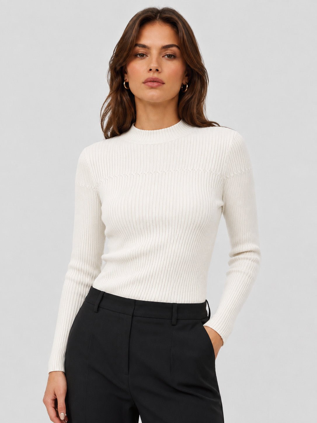 YUCOLEN Women's Mock Neck Ribbed Slim Fit Sweater Soft Wool Blend Pullover in Beige white