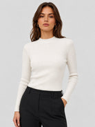YUCOLEN Women's Mock Neck Ribbed Slim Fit Sweater Soft Wool Blend Pullover in Beige white