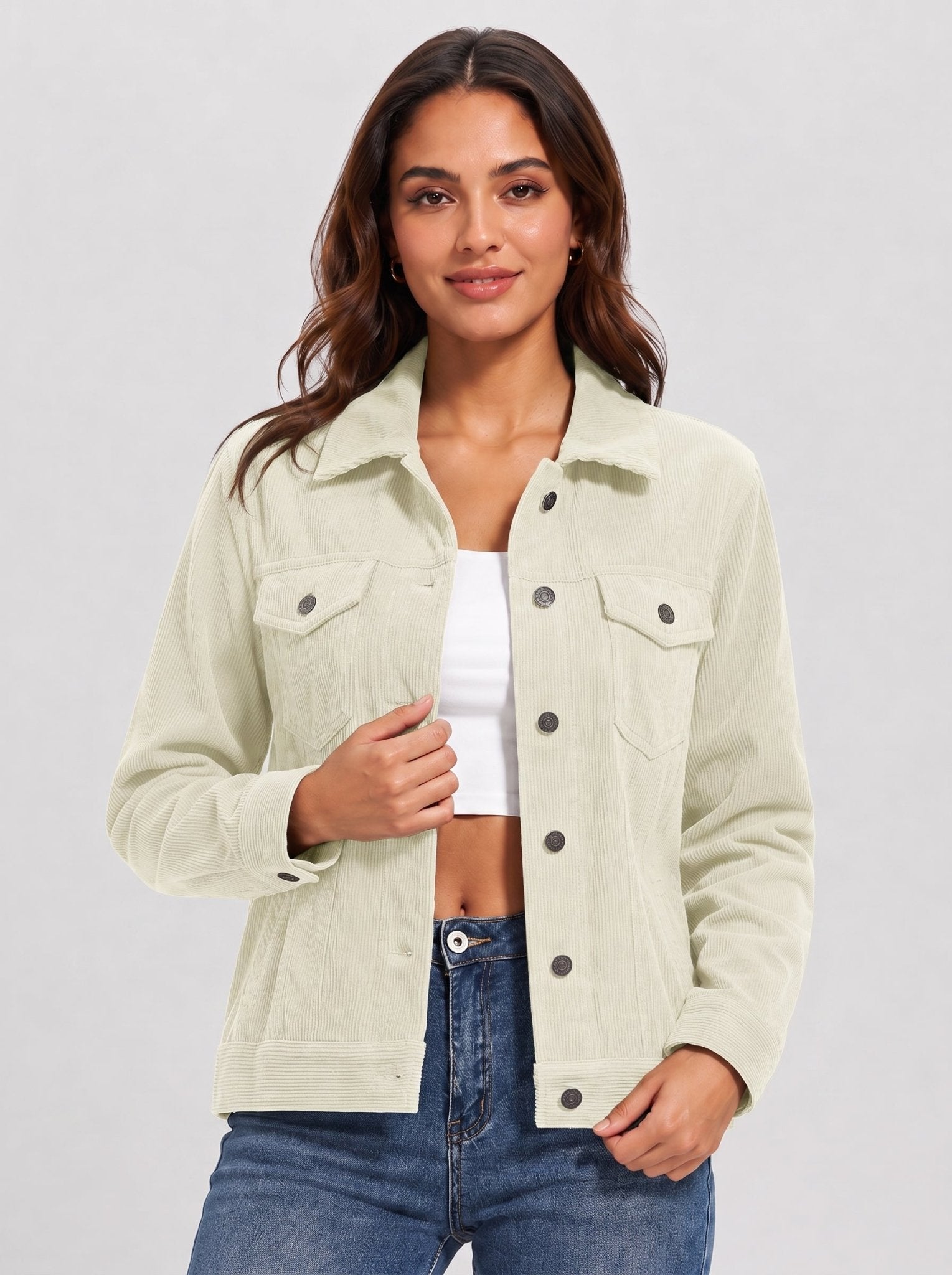 YUCOLEN Women's Lightweight Cropped Corduroy Shacket with 4 Pockets Button Down Casual Jacket in Beige