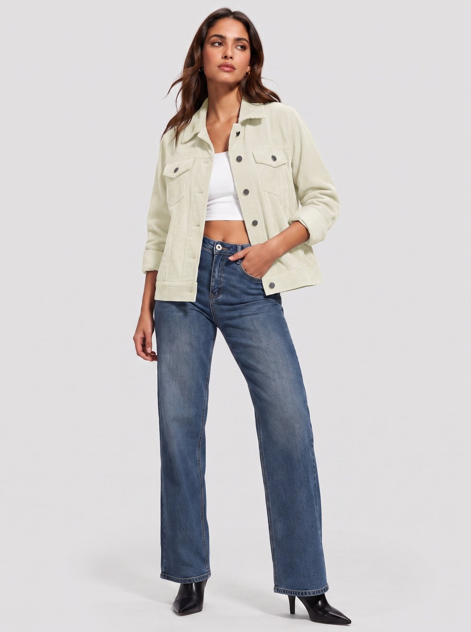 YUCOLEN Women's Lightweight Cropped Corduroy Shacket with 4 Pockets Button Down Casual Jacket in Beige