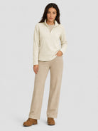 YUCOLEN Women's Quarter Zip Polar Fleece Pullover Lightweight Warm Sweatshirt in Beige
