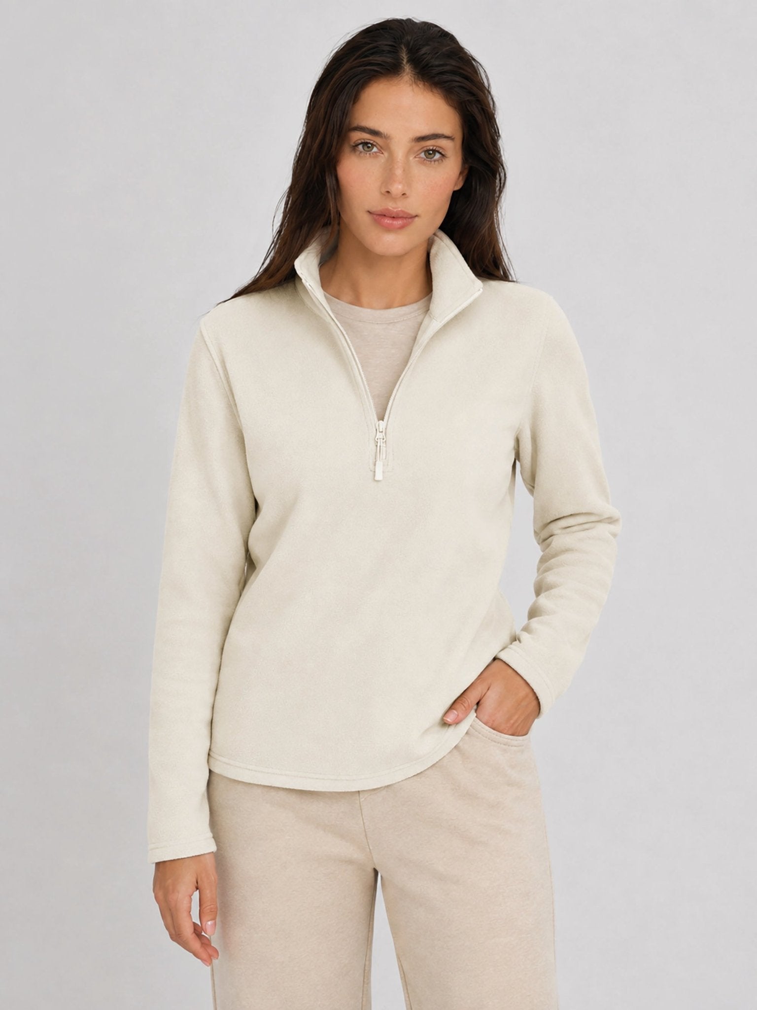 YUCOLEN Women's Quarter Zip Polar Fleece Pullover Lightweight Warm Sweatshirt in Beige
