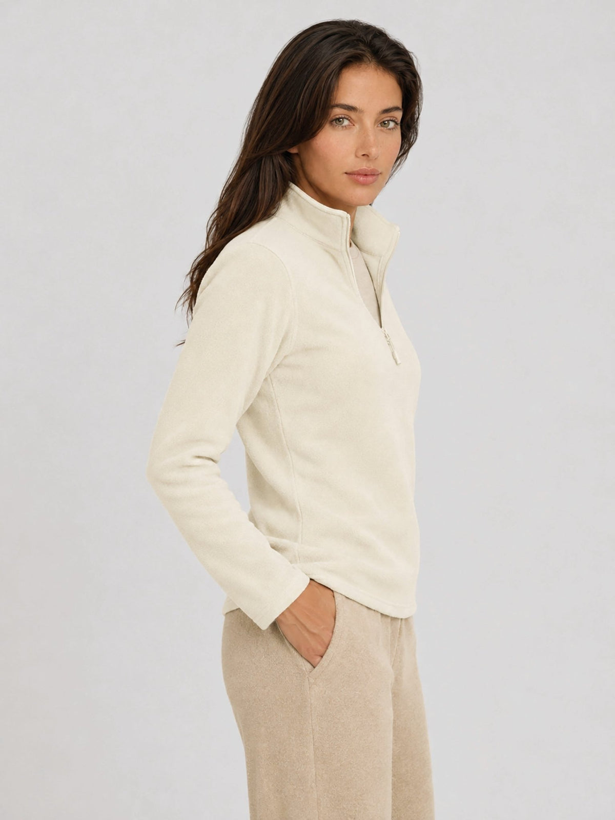 YUCOLEN Women's Quarter Zip Polar Fleece Pullover Lightweight Warm Sweatshirt in Beige