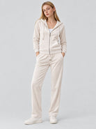 YUCOLEN Women's Soft Velour Full Zip Hooded Jacket with Pockets in Beige