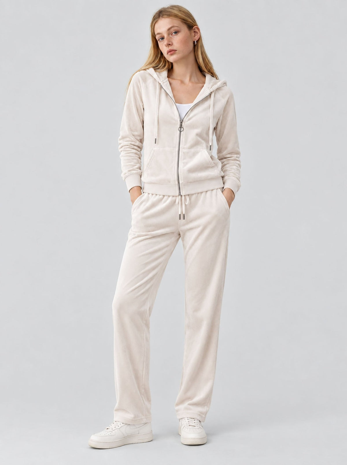 YUCOLEN Women's Soft Velour Full Zip Hooded Jacket with Pockets in Beige