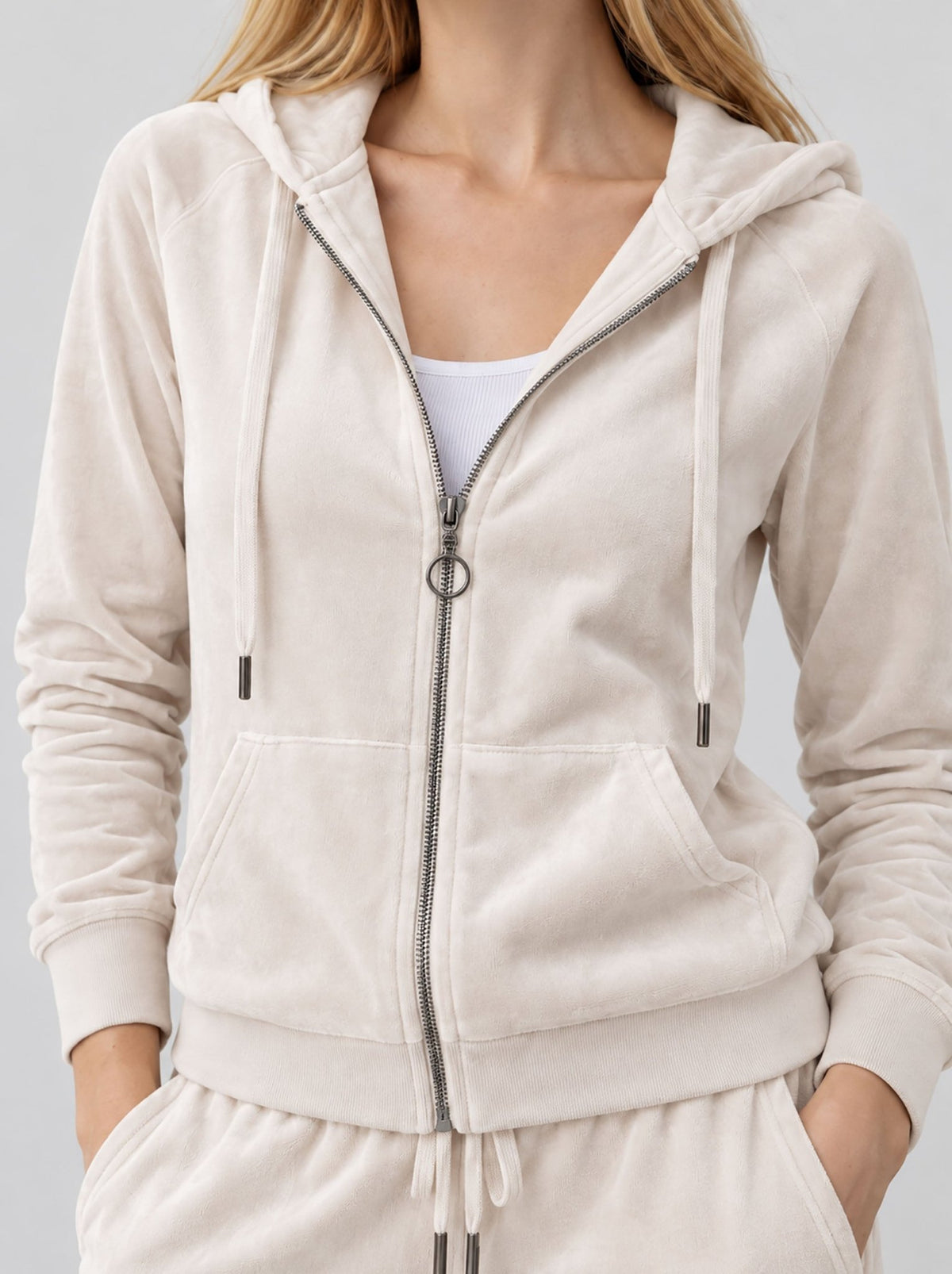 YUCOLEN Women's Soft Velour Full Zip Hooded Jacket with Pockets in Beige