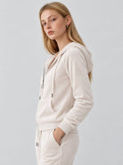 YUCOLEN Women's Soft Velour Full Zip Hooded Jacket with Pockets in Beige