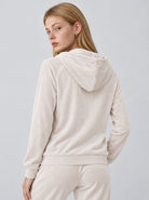 YUCOLEN Women's Soft Velour Full Zip Hooded Jacket with Pockets in Beige