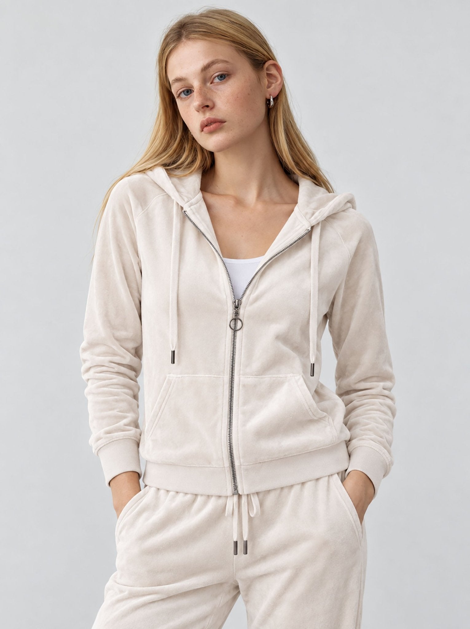 YUCOLEN Women's Soft Velour Full Zip Hooded Jacket with Pockets in Beige