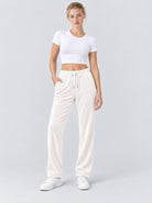YUCOLEN Women's Soft Velour Straight Leg Pants with Elastic Waist in Beige