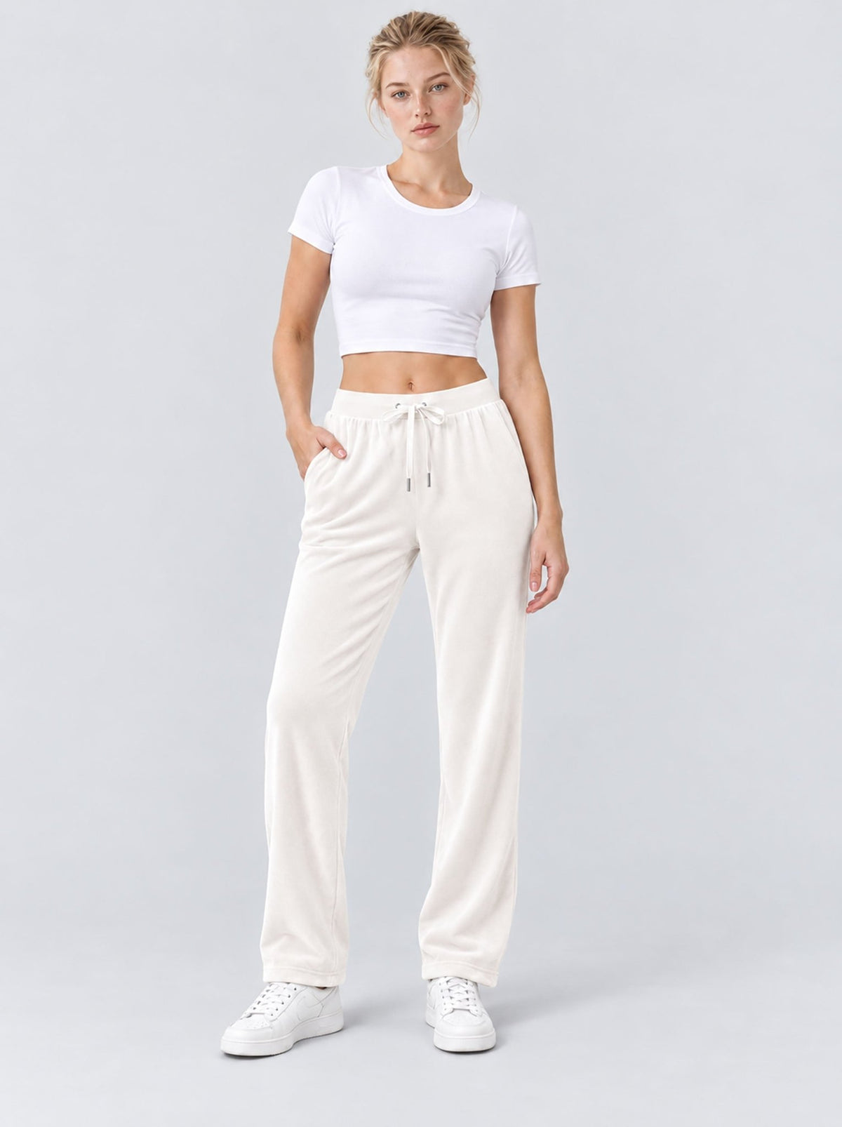 YUCOLEN Women's Soft Velour Straight Leg Pants with Elastic Waist in Beige