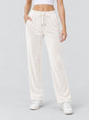 YUCOLEN Women's Soft Velour Straight Leg Pants with Elastic Waist in Beige