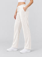 YUCOLEN Women's Soft Velour Straight Leg Pants with Elastic Waist in Beige