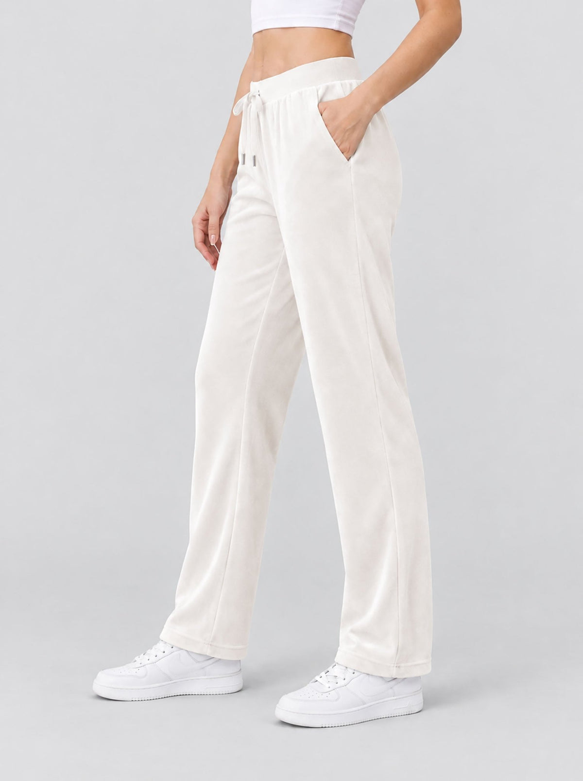 YUCOLEN Women's Soft Velour Straight Leg Pants with Elastic Waist in Beige