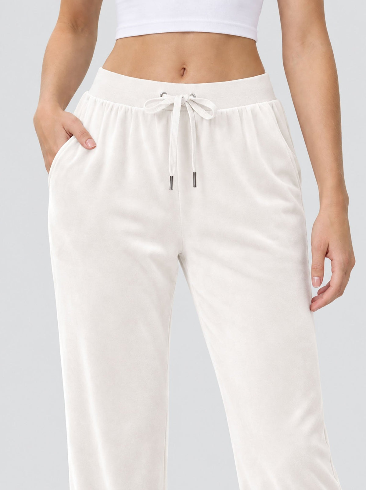 YUCOLEN Women's Soft Velour Straight Leg Pants with Elastic Waist in Beige