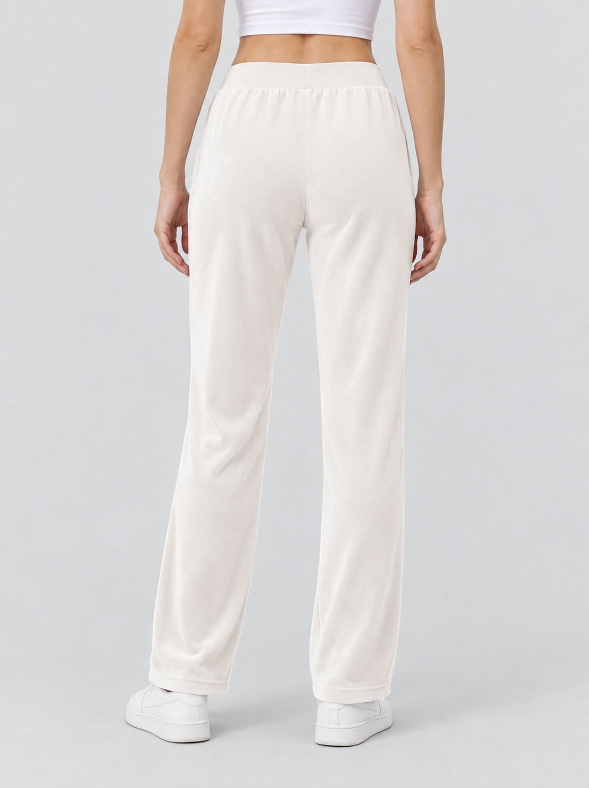 YUCOLEN Women's Soft Velour Straight Leg Pants with Elastic Waist in Beige