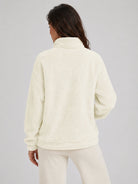 YUCOLEN Women's Stretchy Half Zip Fuzzy Sherpa Pullover with Kangaroo Pocket in Beige