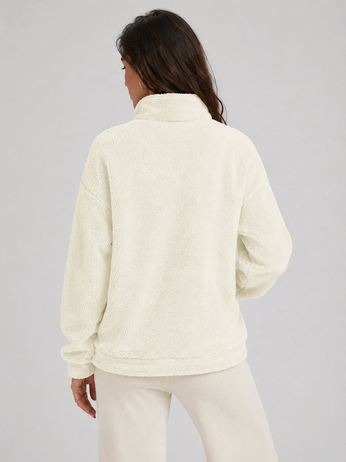 YUCOLEN Women's Stretchy Half Zip Fuzzy Sherpa Pullover with Kangaroo Pocket in Beige
