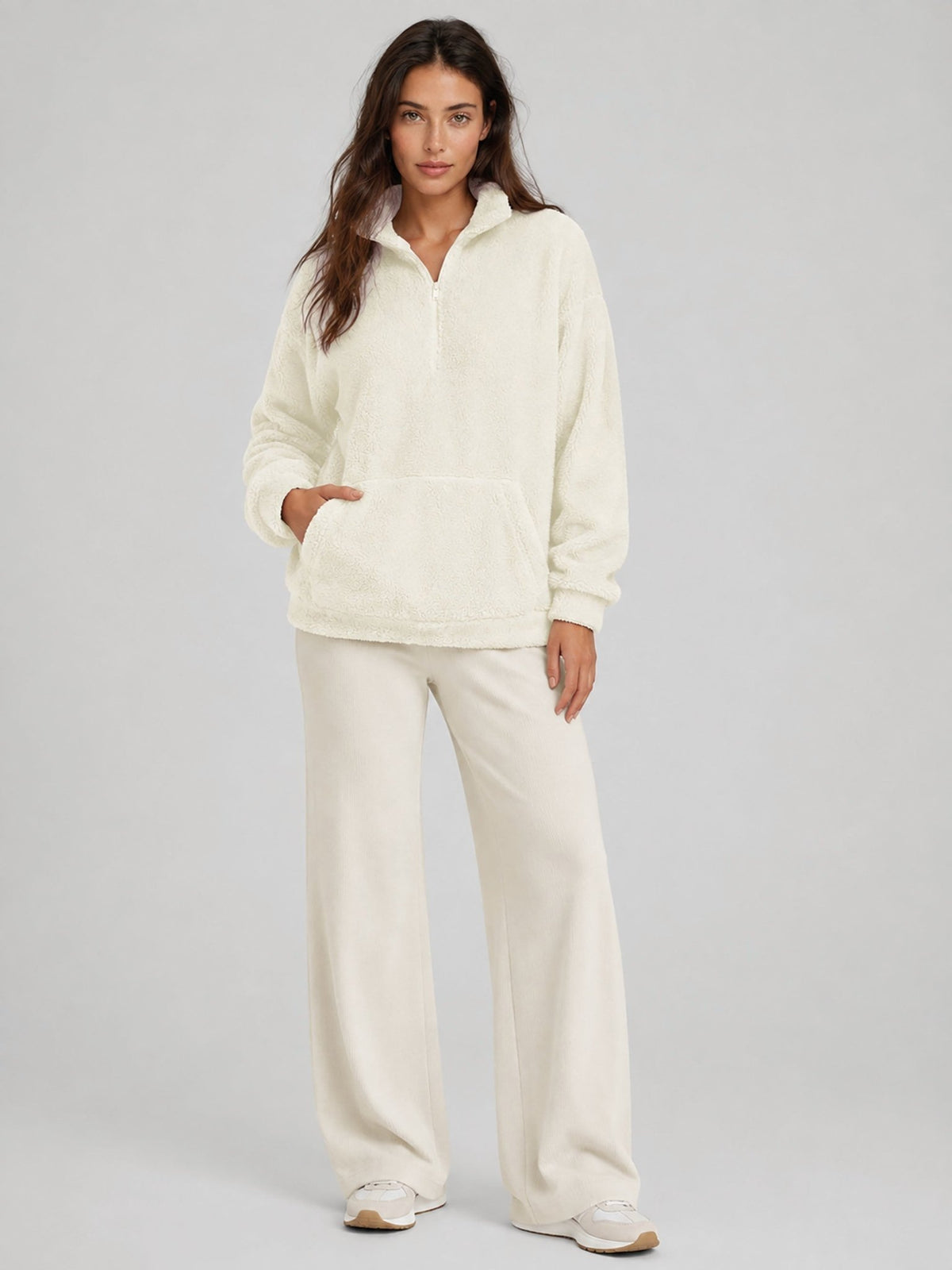 YUCOLEN Women's Stretchy Half Zip Fuzzy Sherpa Pullover with Kangaroo Pocket in Beige