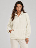 YUCOLEN Women's Stretchy Half Zip Fuzzy Sherpa Pullover with Kangaroo Pocket in Beige