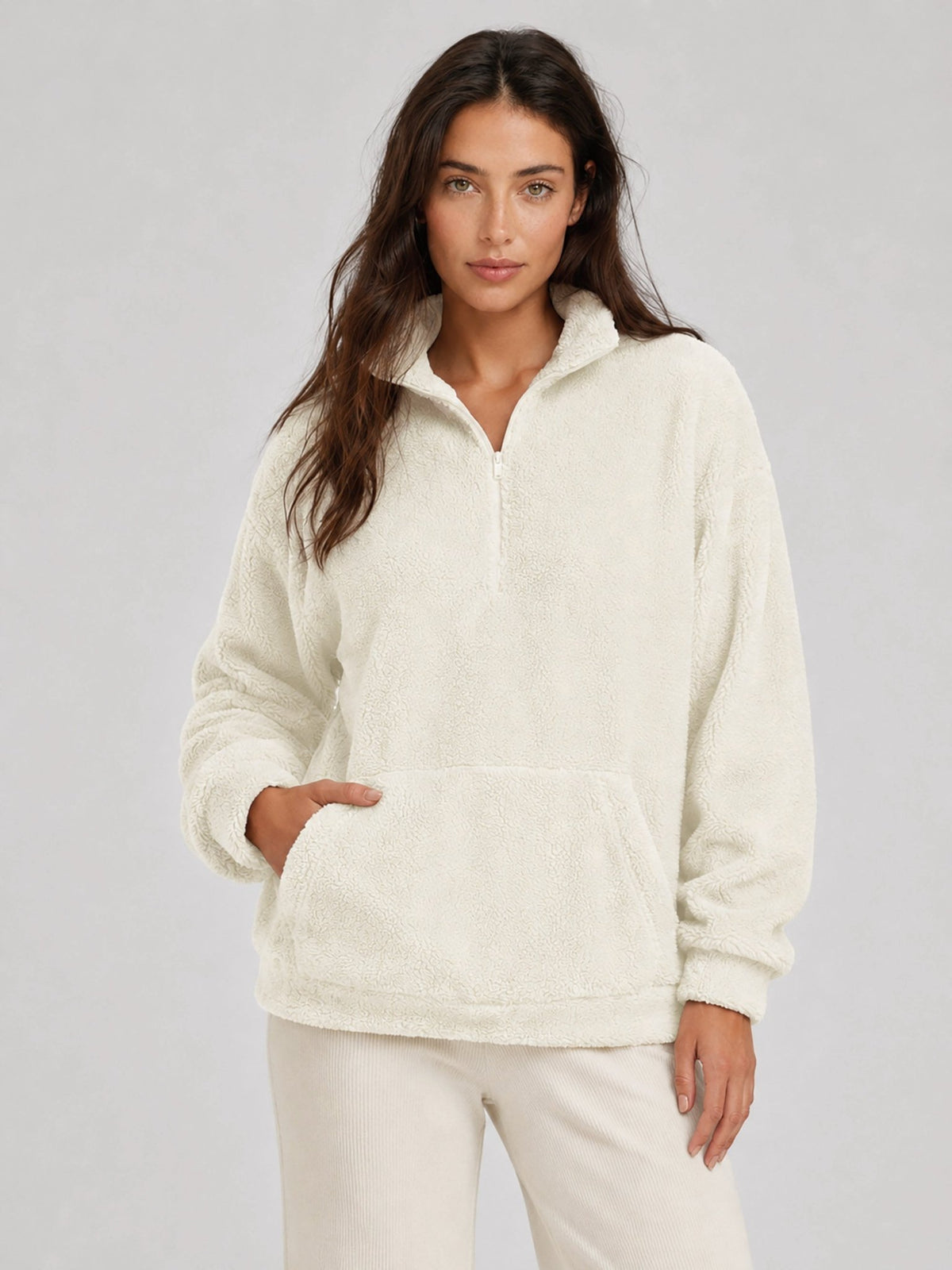 YUCOLEN Women's Stretchy Half Zip Fuzzy Sherpa Pullover with Kangaroo Pocket in Beige