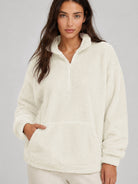 YUCOLEN Women's Stretchy Half Zip Fuzzy Sherpa Pullover with Kangaroo Pocket in Beige