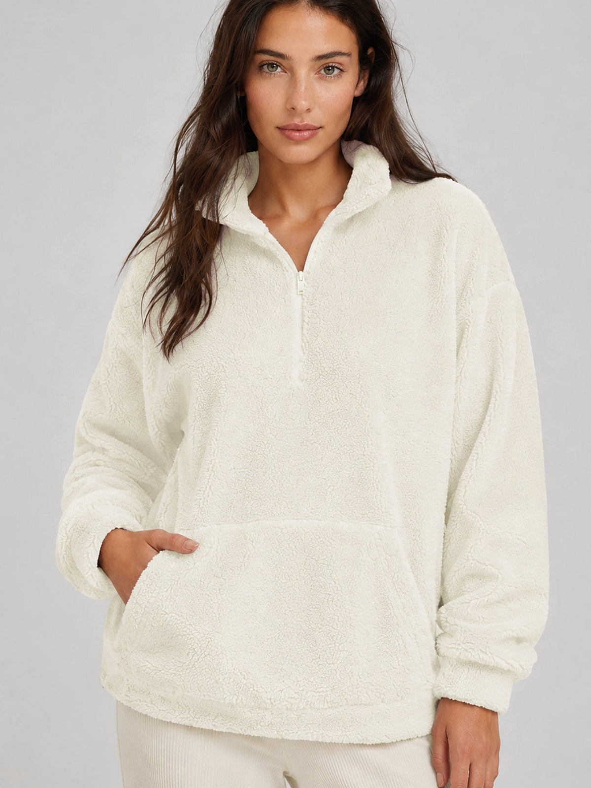 YUCOLEN Women's Stretchy Half Zip Fuzzy Sherpa Pullover with Kangaroo Pocket in Beige